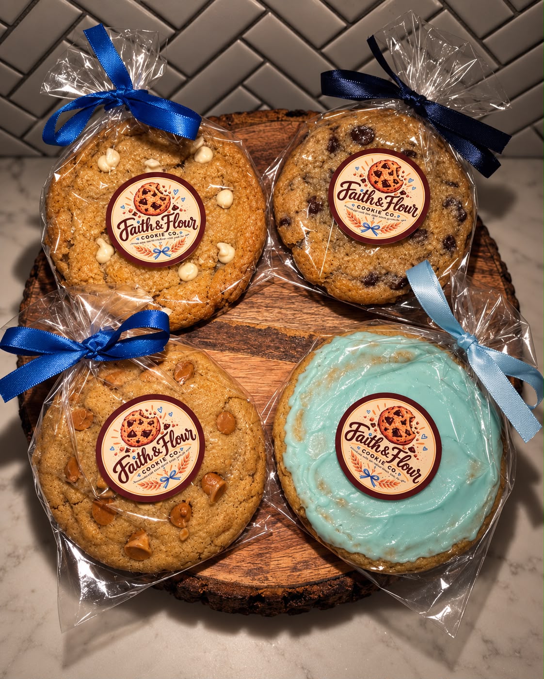 Faith & Flour Cookie Co. — four jumbo cookies individually wrapped with ribbon