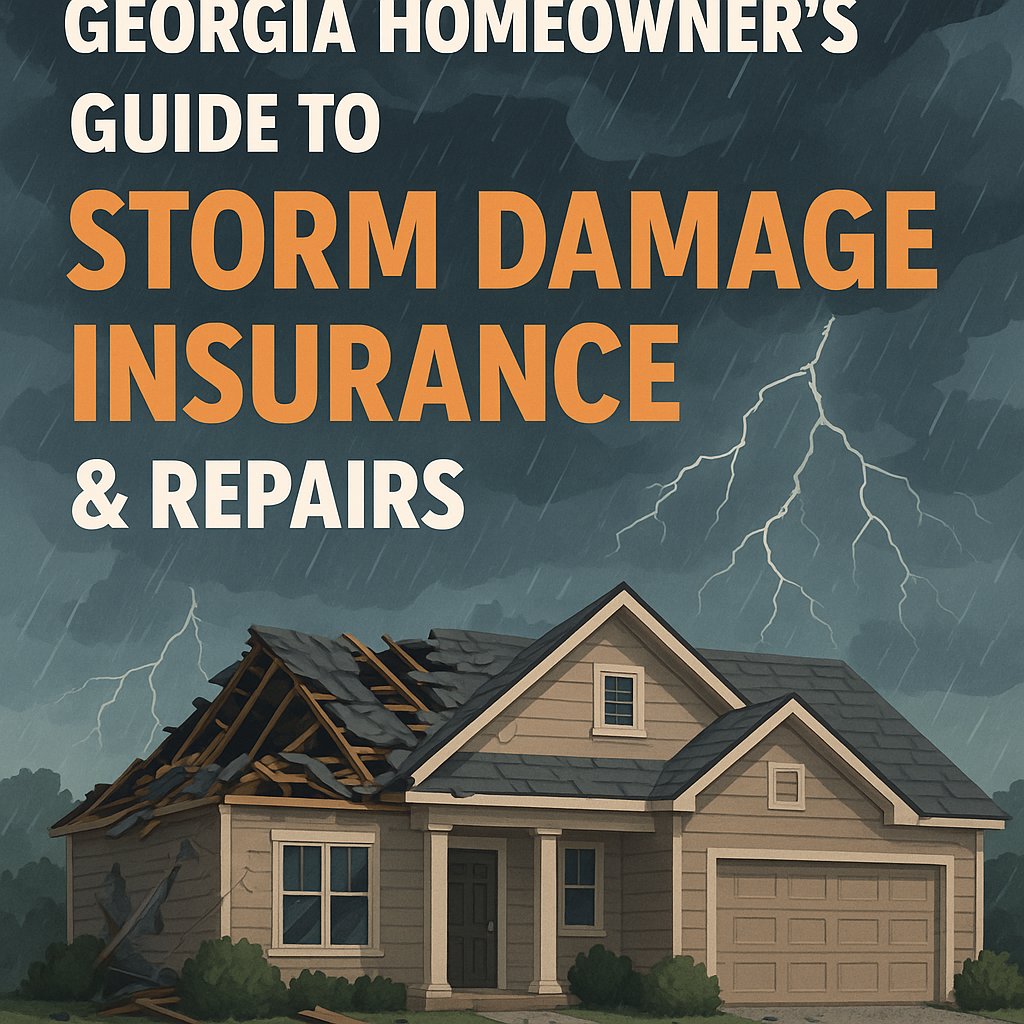 Illustration of a damaged house with visible storm effects, against the backdrop of stormy Georgia skyline.