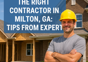 Illustration of a person examining construction blueprints with a contractor in Milton, GA.
