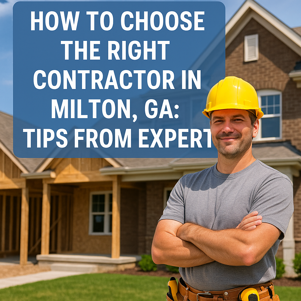Illustration of a person examining construction blueprints with a contractor in Milton, GA.