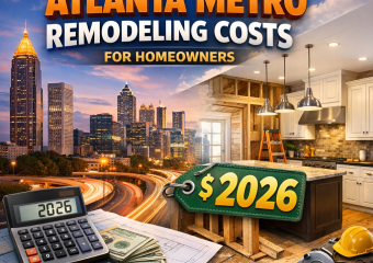 Atlanta skyline with overlay of kitchen renovation visuals, symbolizing the 2026 Atlanta Metro remodeling costs guide.