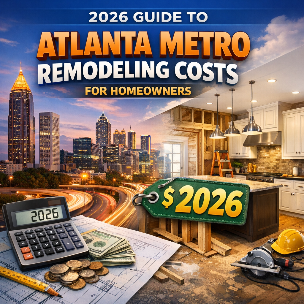 Atlanta skyline with overlay of kitchen renovation visuals, symbolizing the 2026 Atlanta Metro remodeling costs guide.