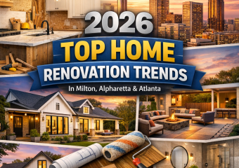 Modern kitchen with sleek design, outdoor patio area, and stylish living room, illustrating 2026 home renovation trends in At