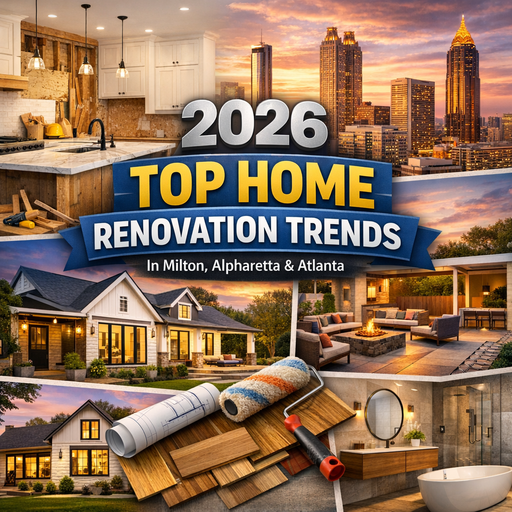 Modern kitchen with sleek design, outdoor patio area, and stylish living room, illustrating 2026 home renovation trends in At