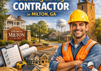 Text on a detailed construction blueprint, highlighting tips for choosing contractors in Milton, GA.