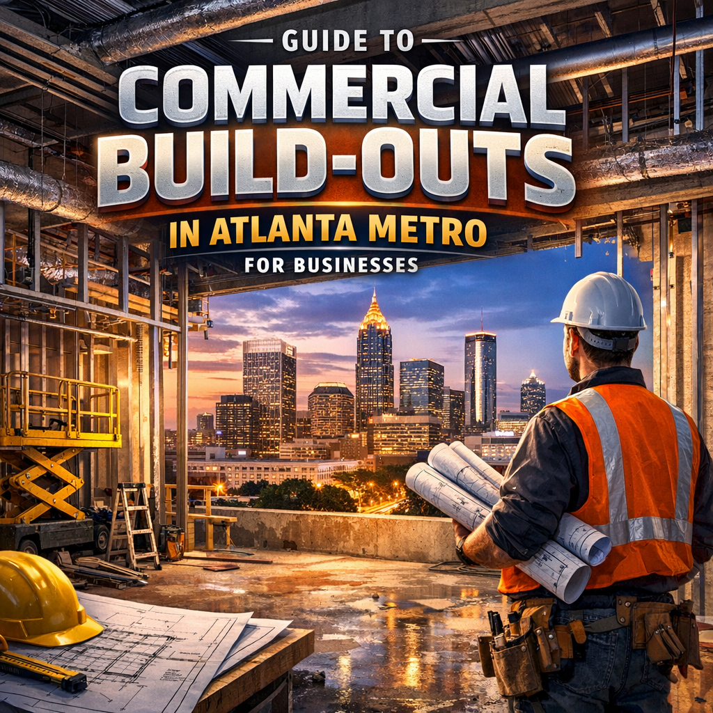 Illustration of a construction worker with Atlanta's skyline in the background, symbolizing commercial build-outs.