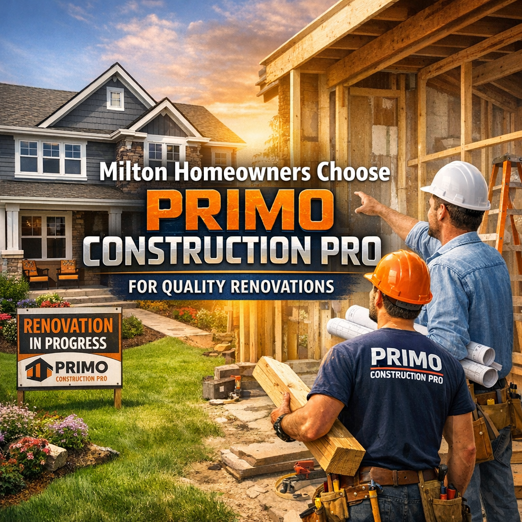 Home renovation experts from Primo Construction Pro working on a house at sunset in Milton.