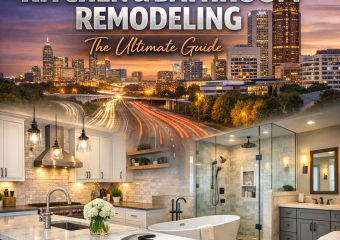 "Modern kitchen and bathroom with North Atlanta skyline in the background."