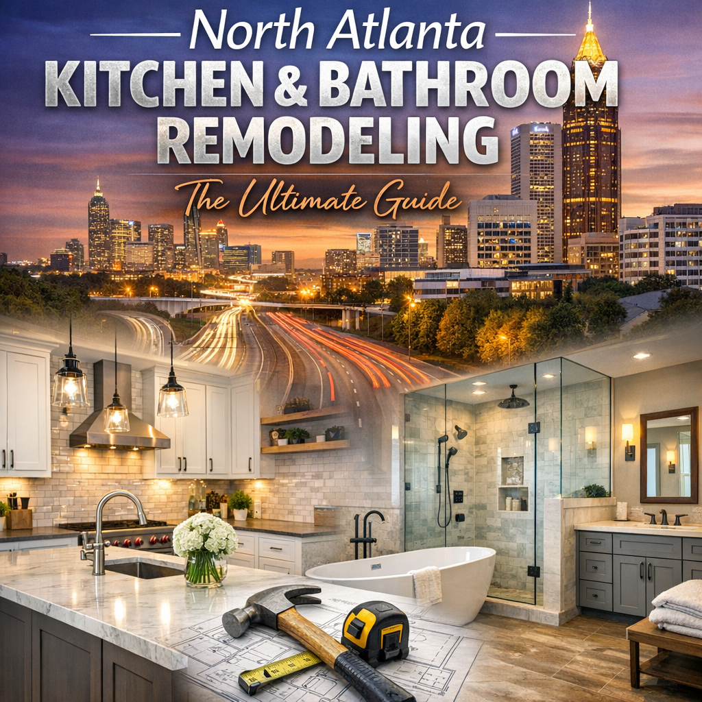 "Modern kitchen and bathroom with North Atlanta skyline in the background."