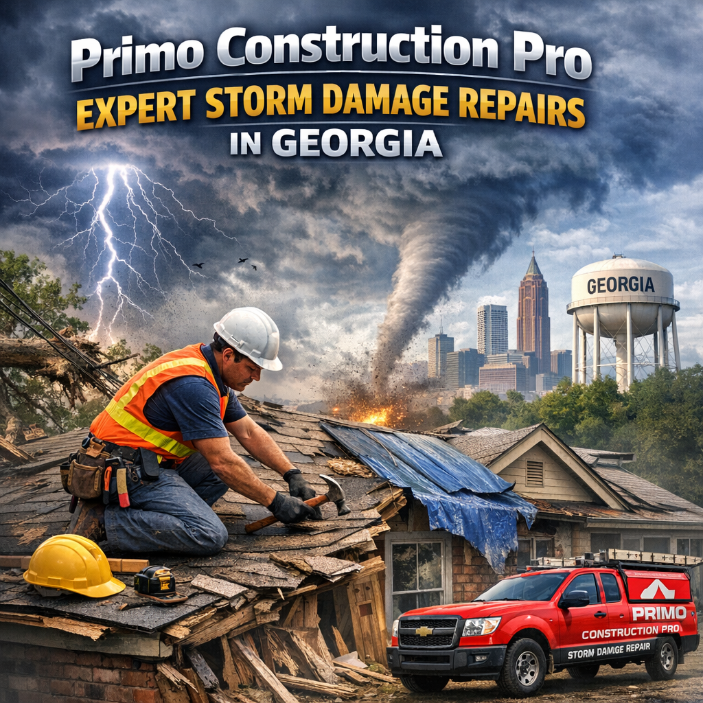 Worker from Primo Construction Pro repairing a storm-damaged roof in Georgia.