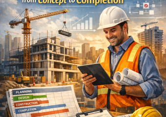 Construction project manager with tablet and plans on a building site, wearing safety gear.