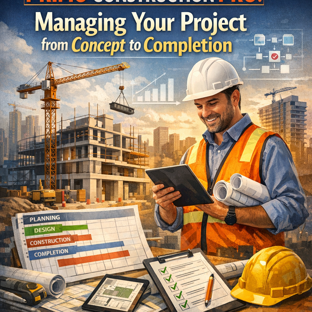 Construction project manager with tablet and plans on a building site, wearing safety gear.