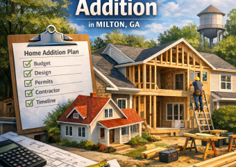 Illustration of a clipboard with steps listed for planning a Milton home addition, including budget and permits.