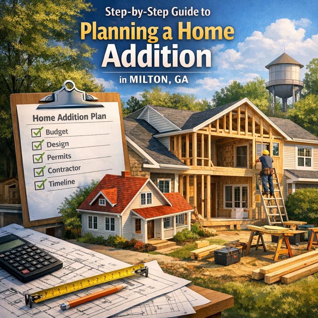 Illustration of a clipboard with steps listed for planning a Milton home addition, including budget and permits.