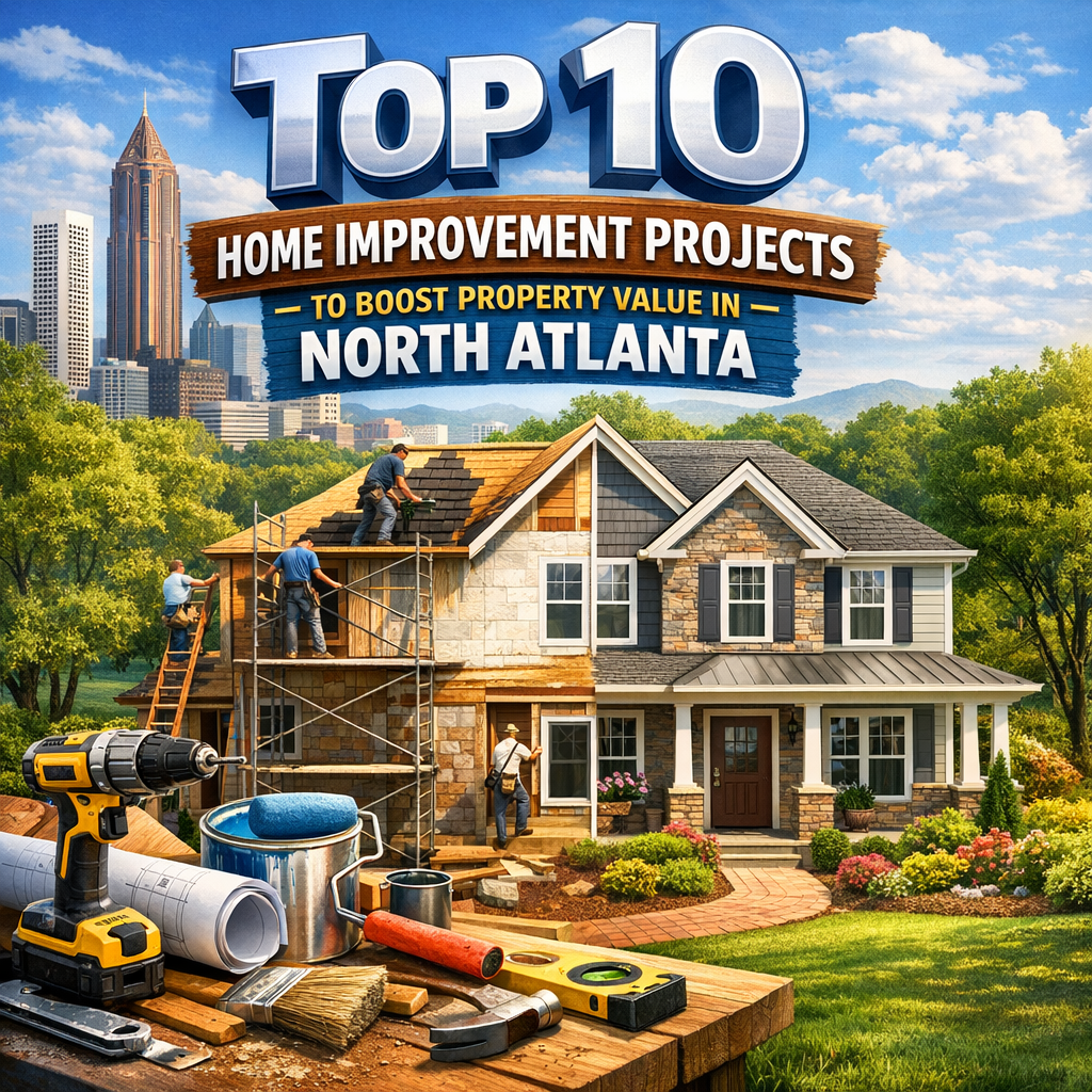 Discover the best ways to elevate your home’s value with our guide to the Top 10 Home Improvement Projects in North Atla Chart displaying top 10 home improvement projects to boost property value in North Atlanta.