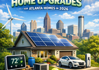 Infographic depicting solar panels, smart thermostats, and electric vehicles as top energy-efficient upgrades for Atlanta hom
