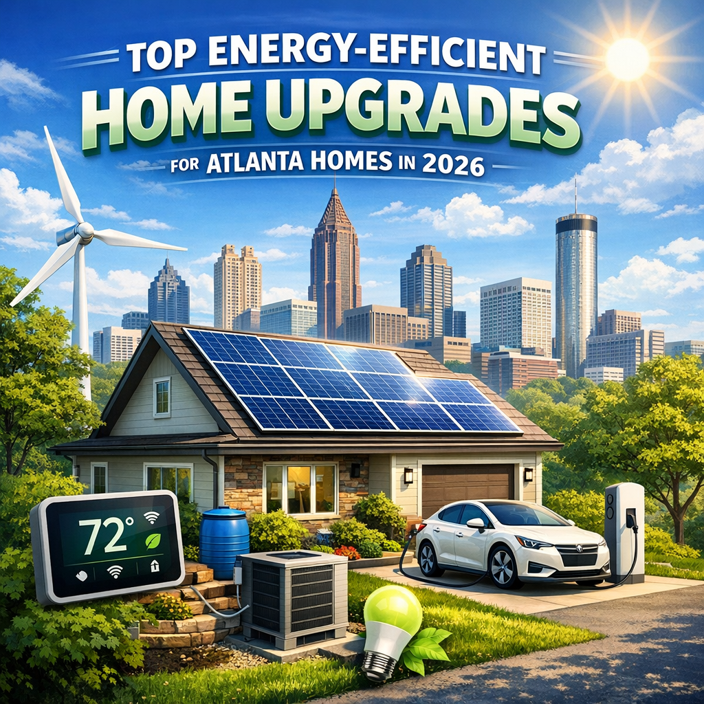 Infographic depicting solar panels, smart thermostats, and electric vehicles as top energy-efficient upgrades for Atlanta hom