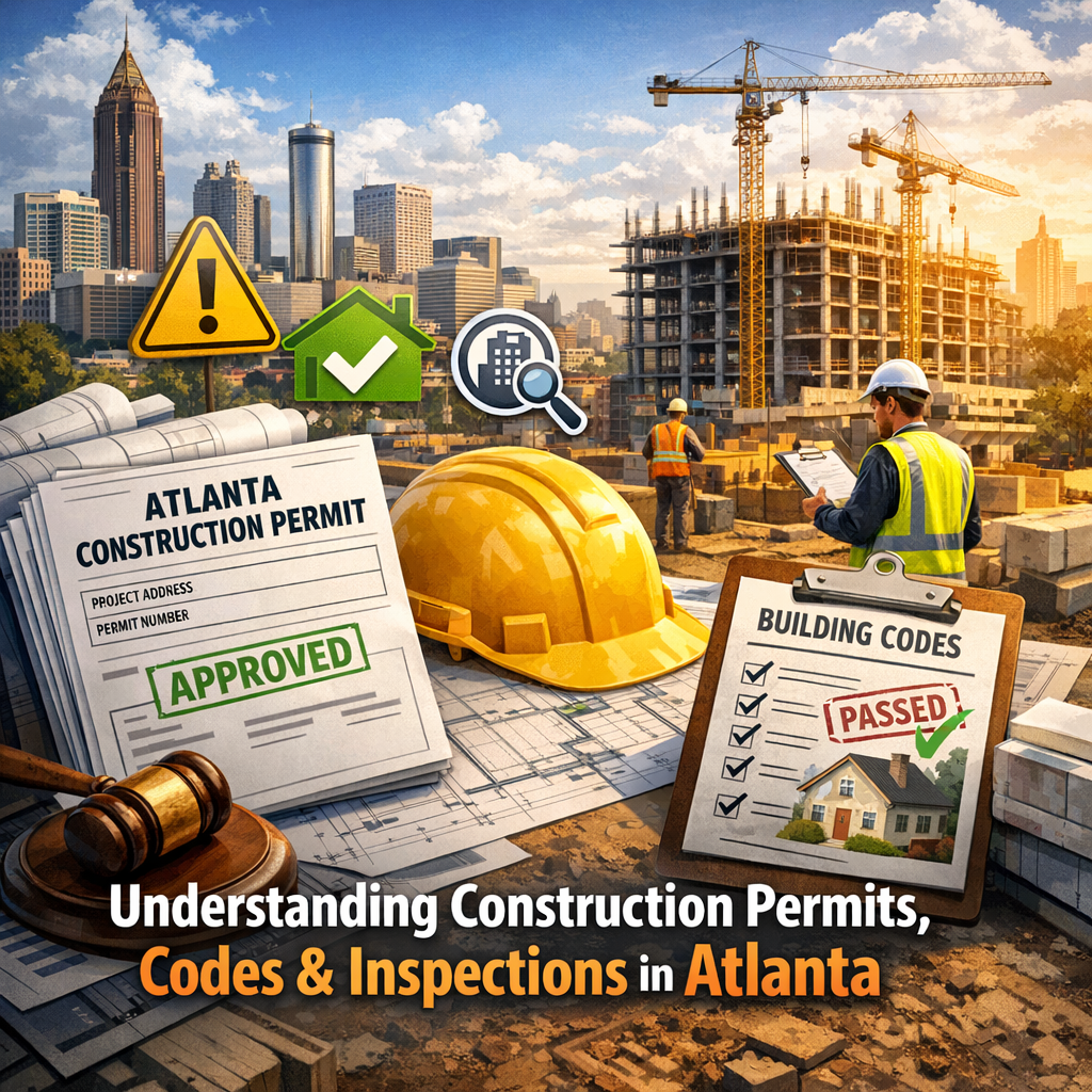 Atlanta construction site with visible permits, codes, and inspection symbols.