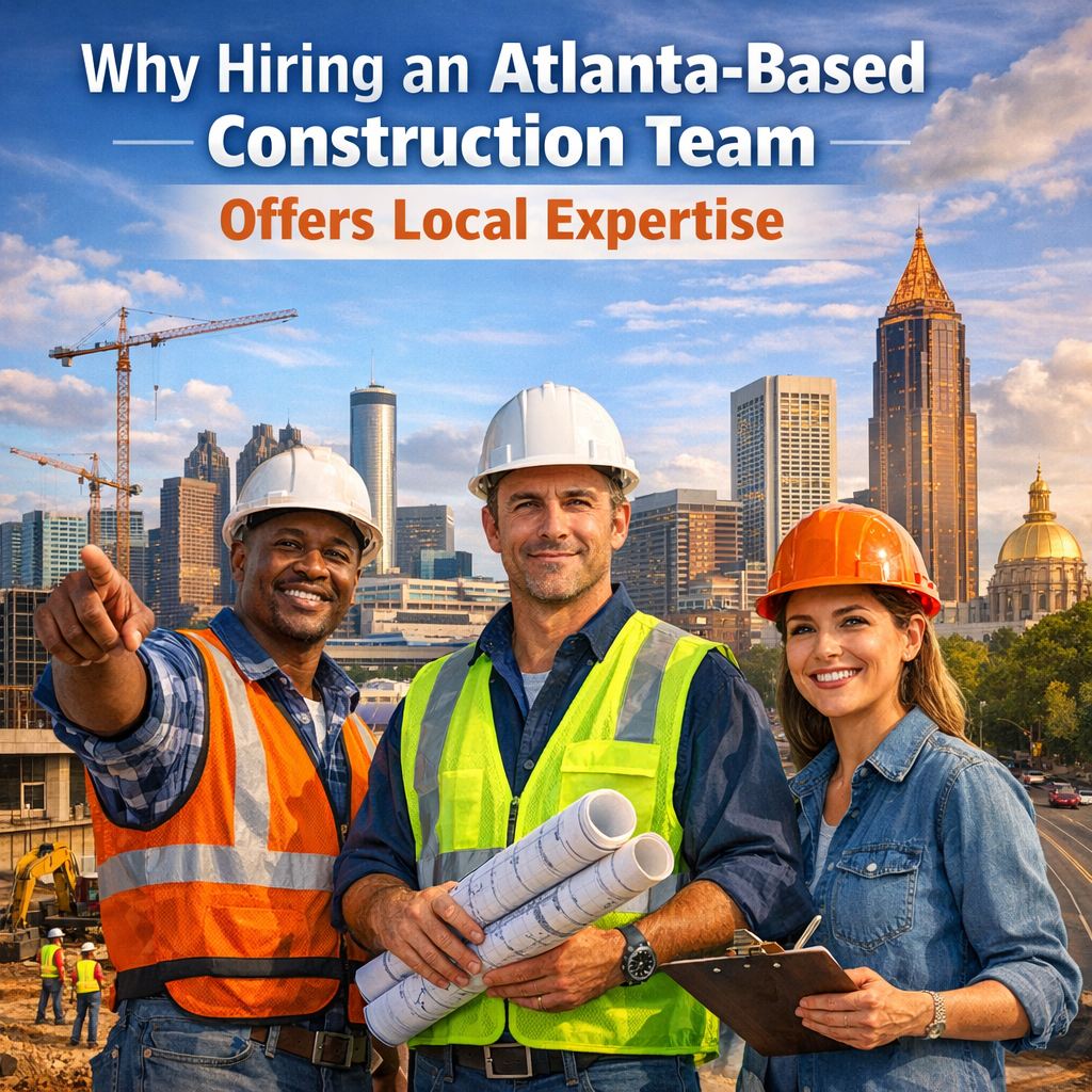 Atlanta construction team with local expertise standing at a building site, city skyline in background.
